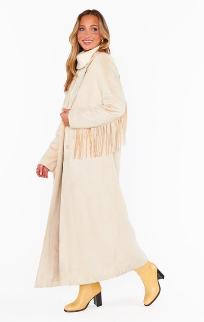 Sierra Fringe Maxi Jacket ~ Cream Faux Suede