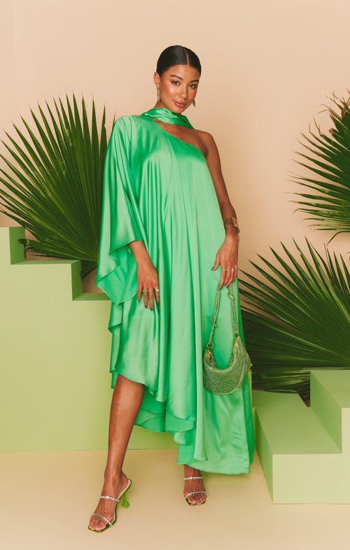 Rhea One Shoulder Dress ~ Kiwi Luxe Satin