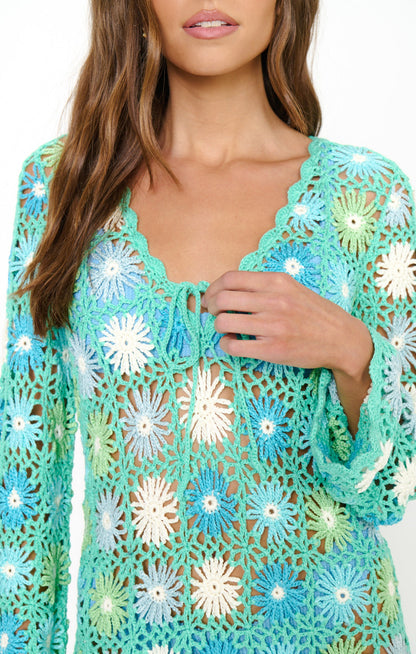 Vacay Mini Coverup ~ Blue Multi Floral Crochet