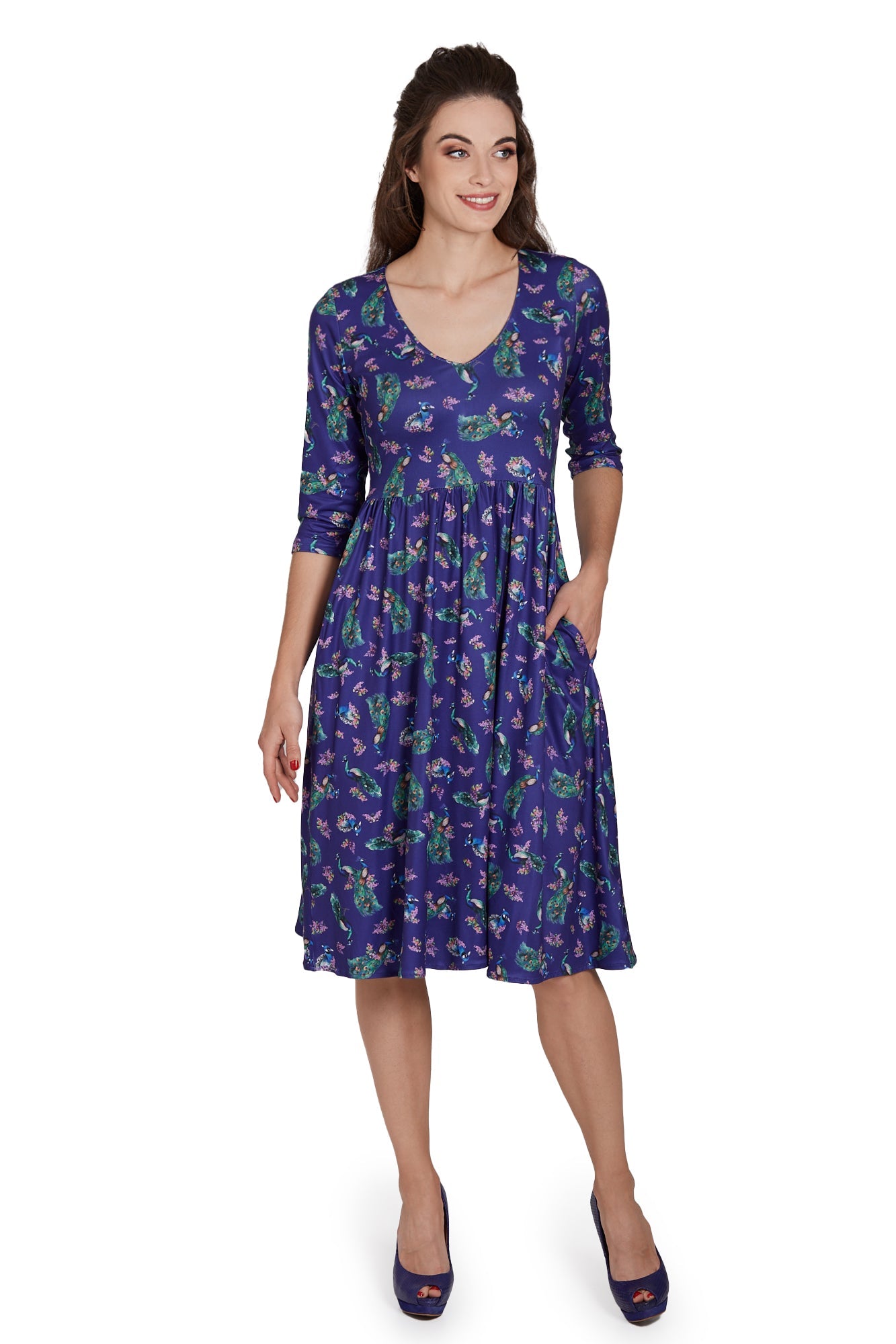 Billie Purple Dress in Peacock Birds Floral Print
