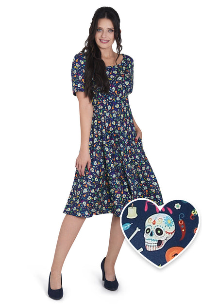Brenda Navy Blue Flare Dress in Day of the Dead Sugar Skulls
