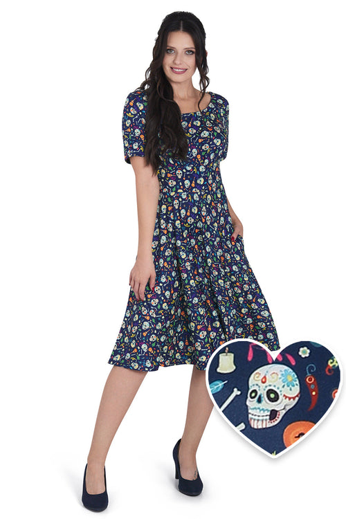 Brenda Navy Blue Flare Dress in Day of the Dead Sugar Skulls
