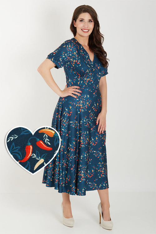 Julia 50s Style Blue Chili Print Dress