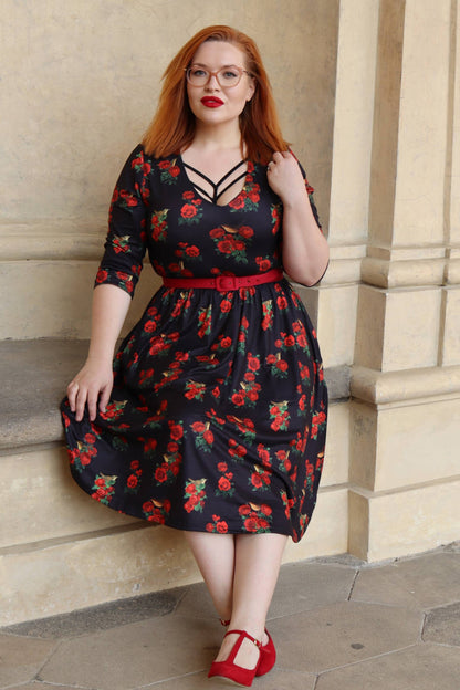 Billie Red Rose & Bird Long Sleeved Dress