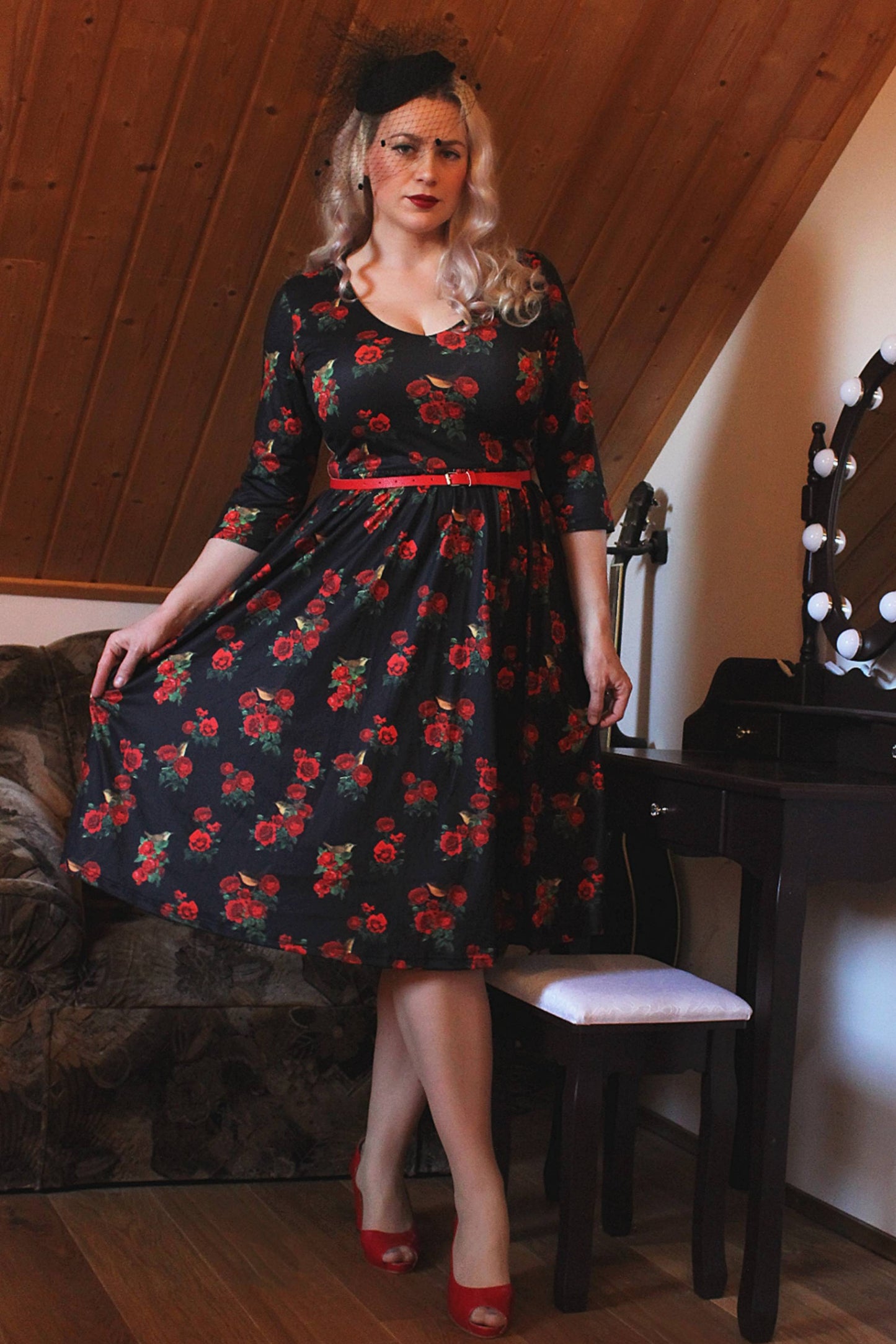 Billie Red Rose & Bird Long Sleeved Dress