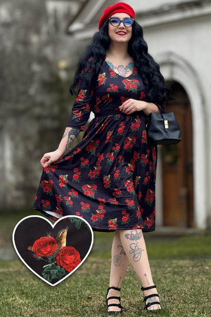 Billie Red Rose & Bird Long Sleeved Dress