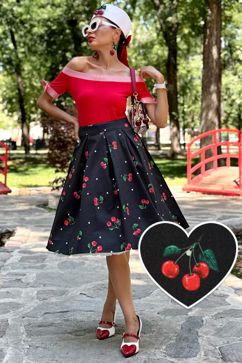 Carolyn Polka Dot Cherry Black Flared Skirt