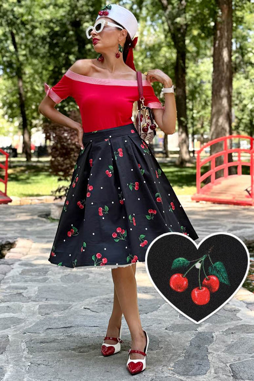 Carolyn Polka Dot Cherry Black Flared Skirt