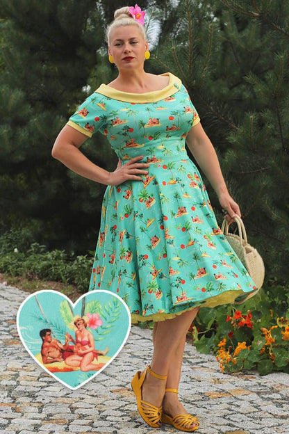 Darlene Turquoise Pinup Swing Dress in Tropical Island Print