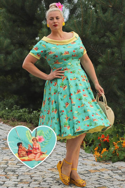 Darlene Turquoise Pinup Swing Dress in Tropical Island Print