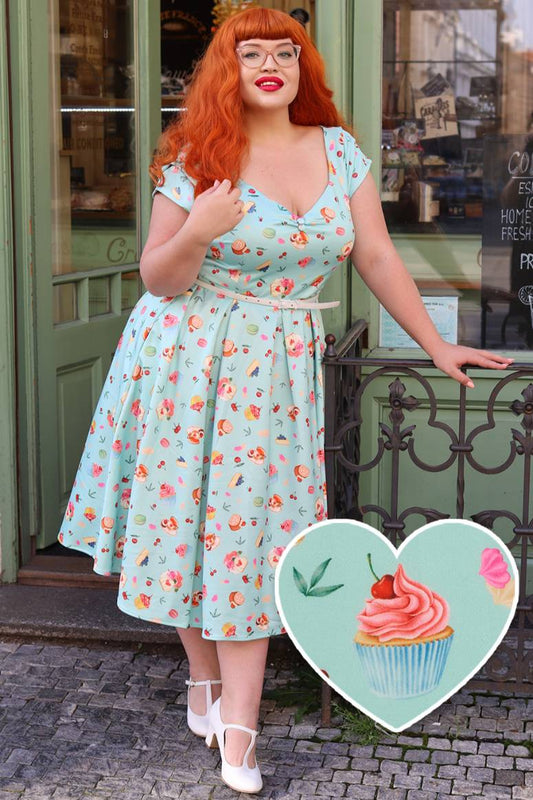 Lily Off Shoulder Dress In Pastel Afternoon Tea Cakes Print