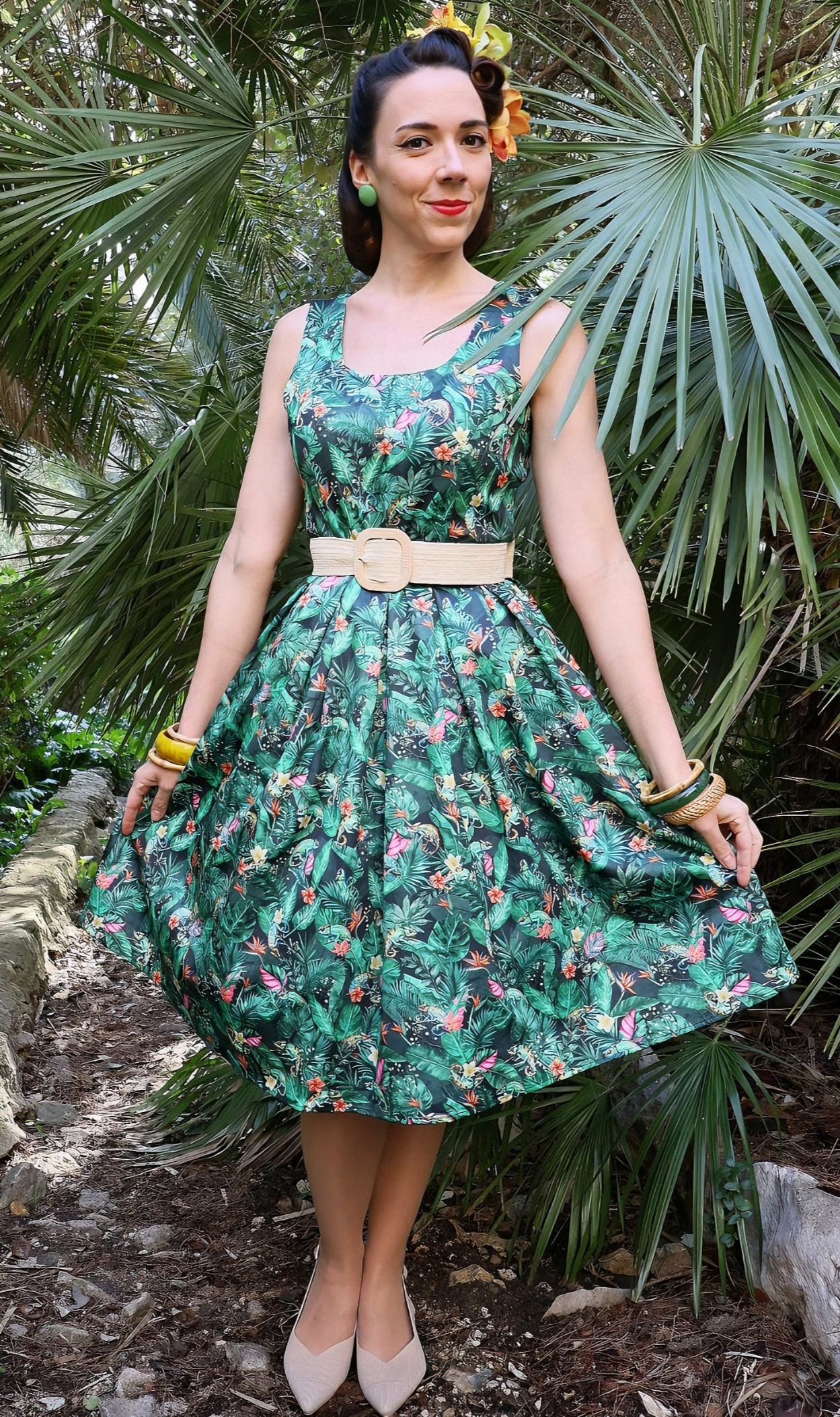 Amanda Dinosaur Forest Flared Dress in Dark Green