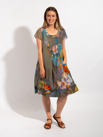 Marcoola dress in Khaki Birds