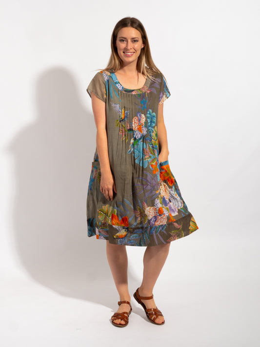 Marcoola dress in Khaki Birds