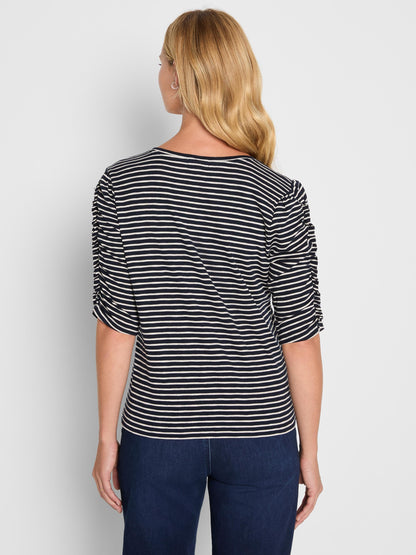 Striped Ruched Elbow Sleeve Tee