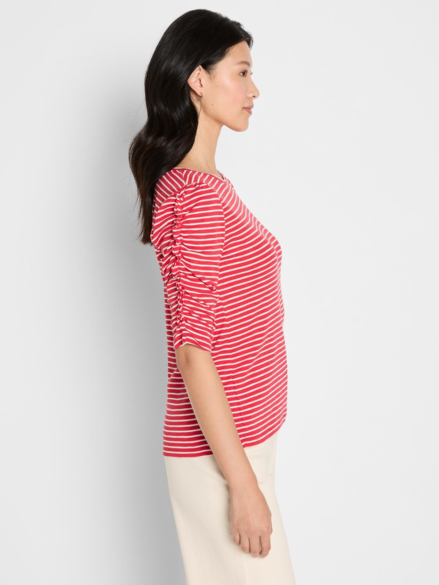 Striped Ruched Elbow Sleeve Tee