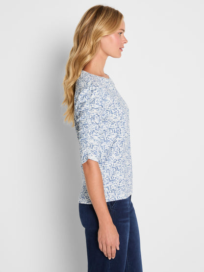 Geo Print Ruched Elbow Sleeve Tee