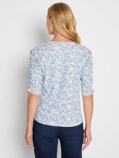 Geo Print Ruched Elbow Sleeve Tee