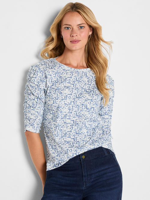 Geo Print Ruched Elbow Sleeve Tee