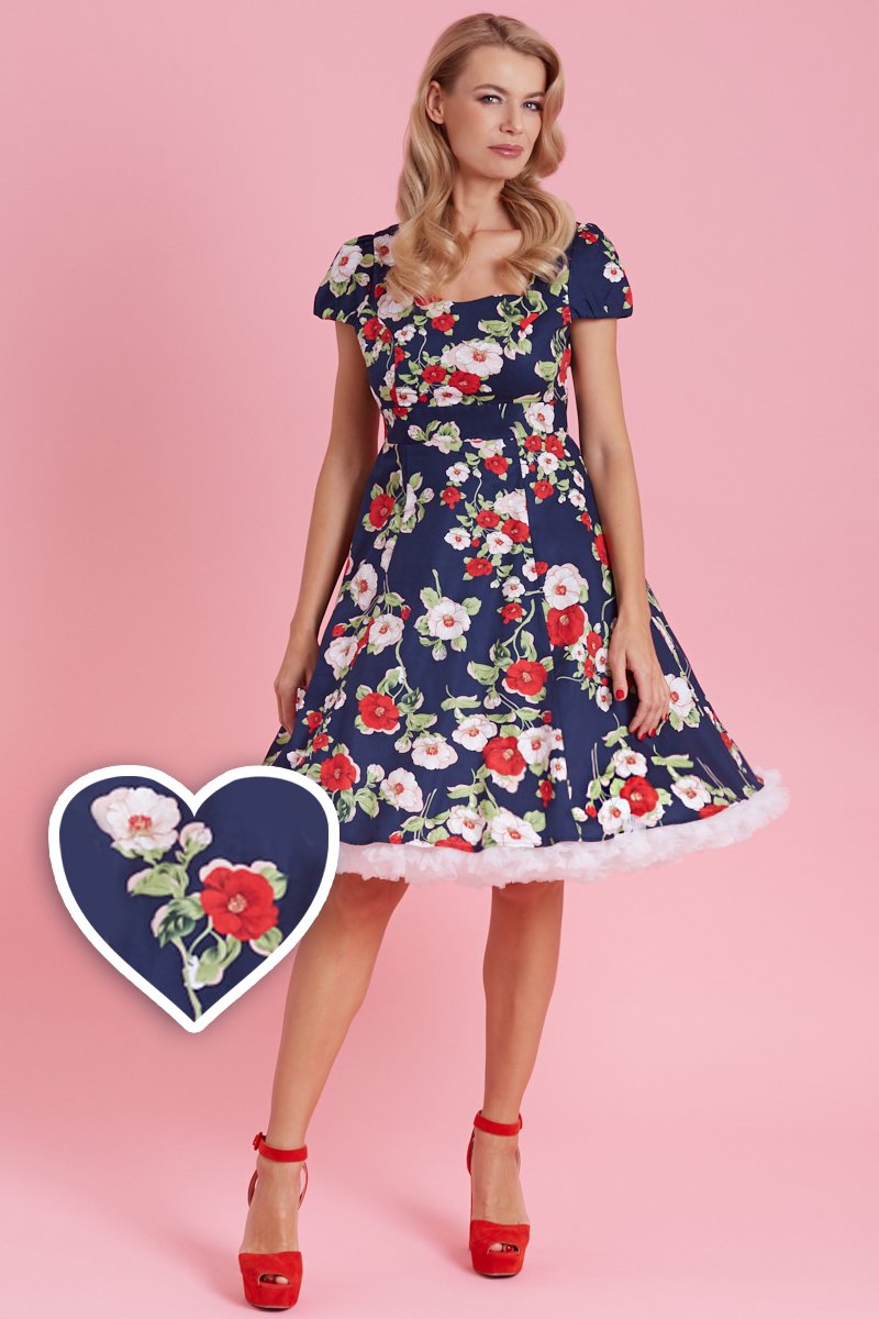 Claudia Navy & White Red Floral Swing Dress