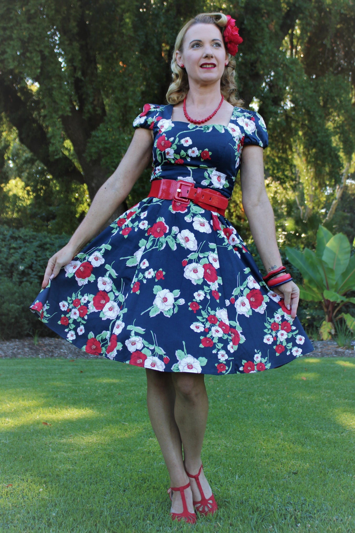 Claudia Navy & White Red Floral Swing Dress