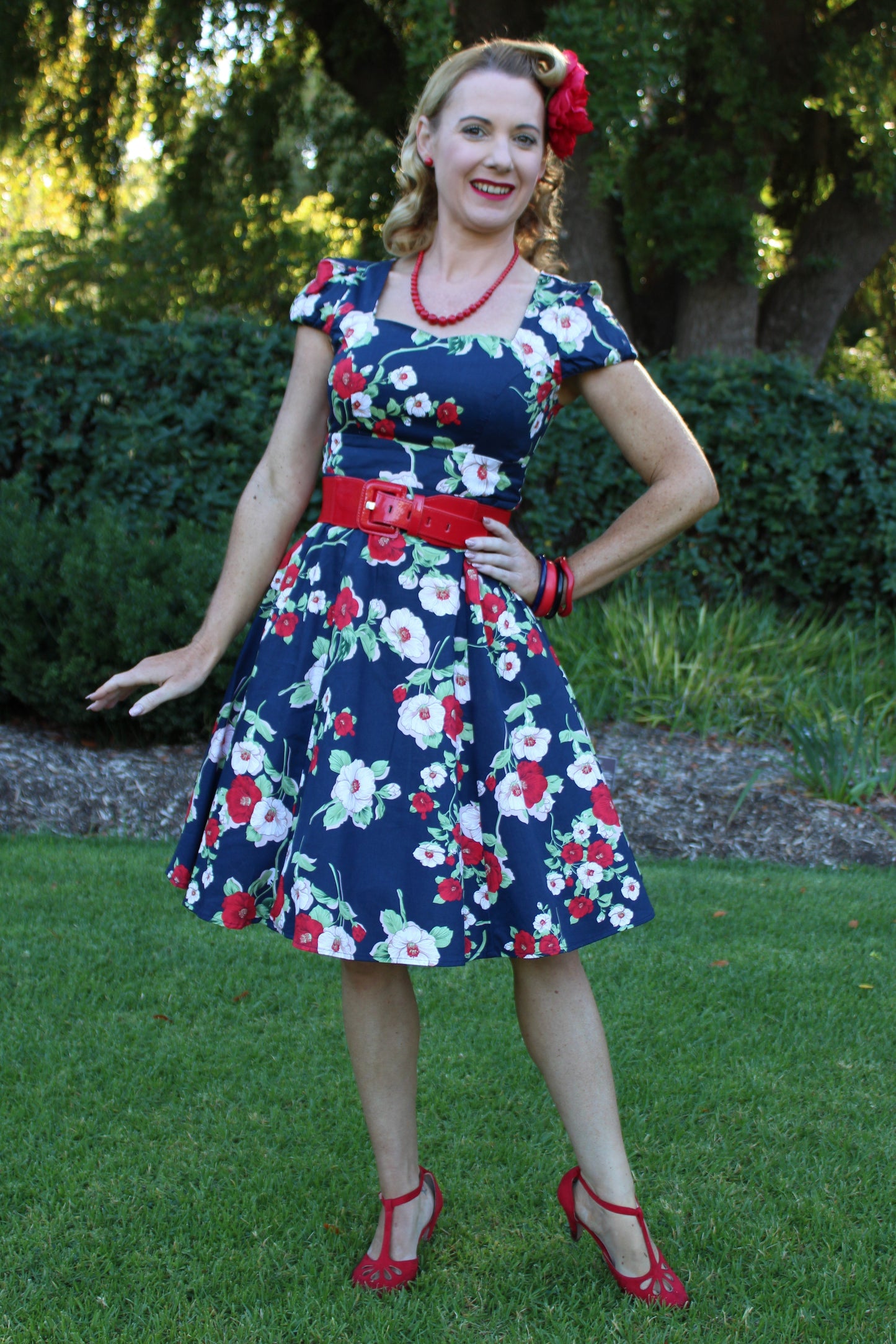 Claudia Navy & White Red Floral Swing Dress