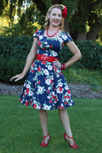 Claudia Navy & White Red Floral Swing Dress