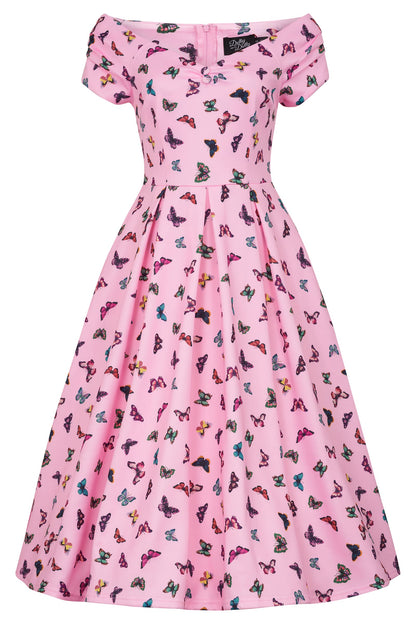 Lily Off Shoulder Pink Butterfly Swing Dress