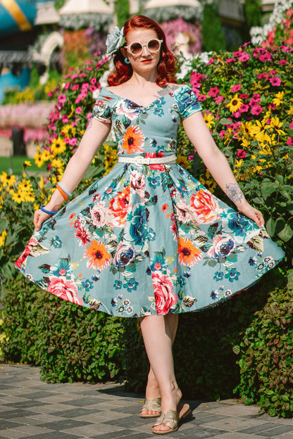 Lily Off Shoulder Blue Floral Swing Dress