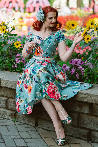 Lily Off Shoulder Blue Floral Swing Dress