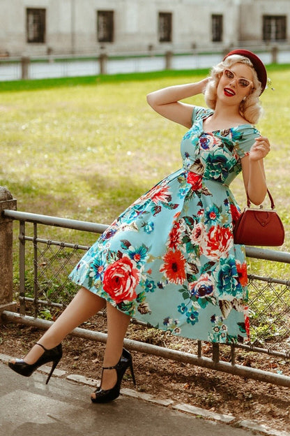 Lily Off Shoulder Blue Floral Swing Dress