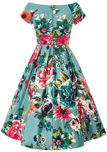 Lily Off Shoulder Blue Floral Swing Dress