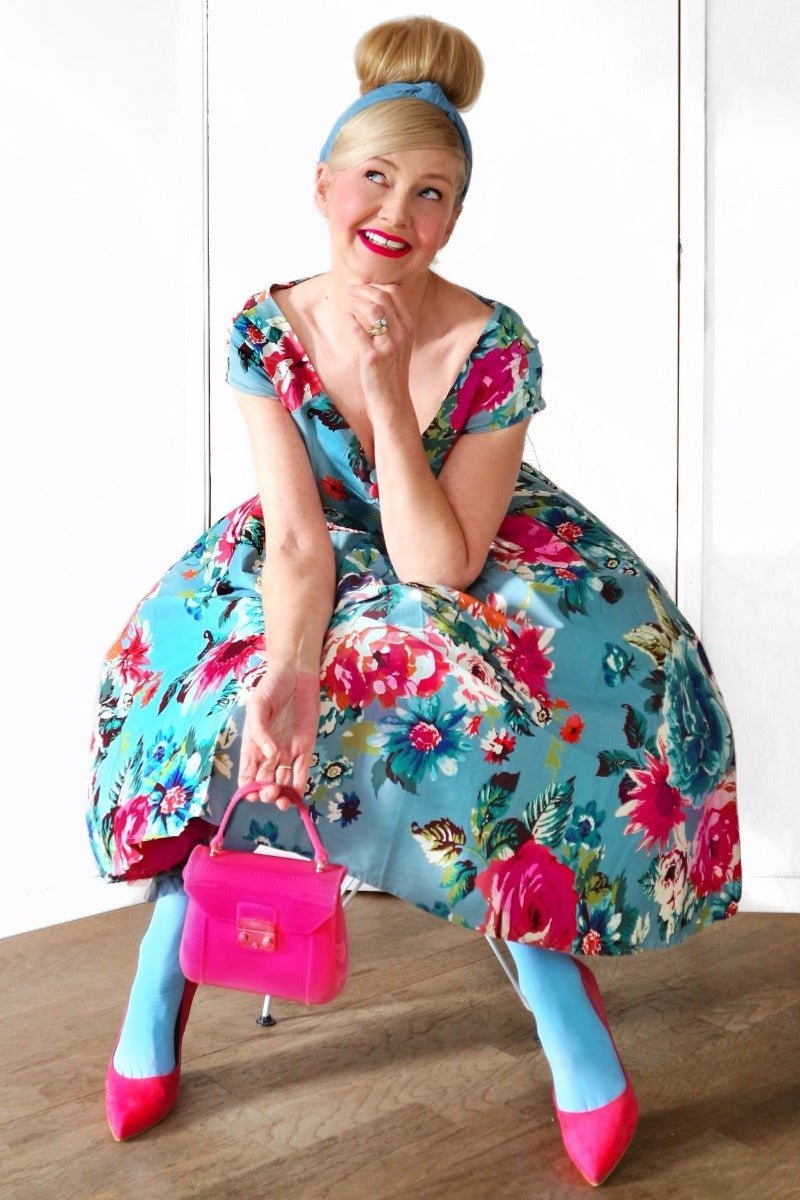 Lily Off Shoulder Blue Floral Swing Dress