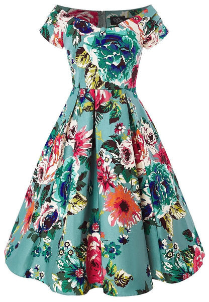 Lily Off Shoulder Blue Floral Swing Dress