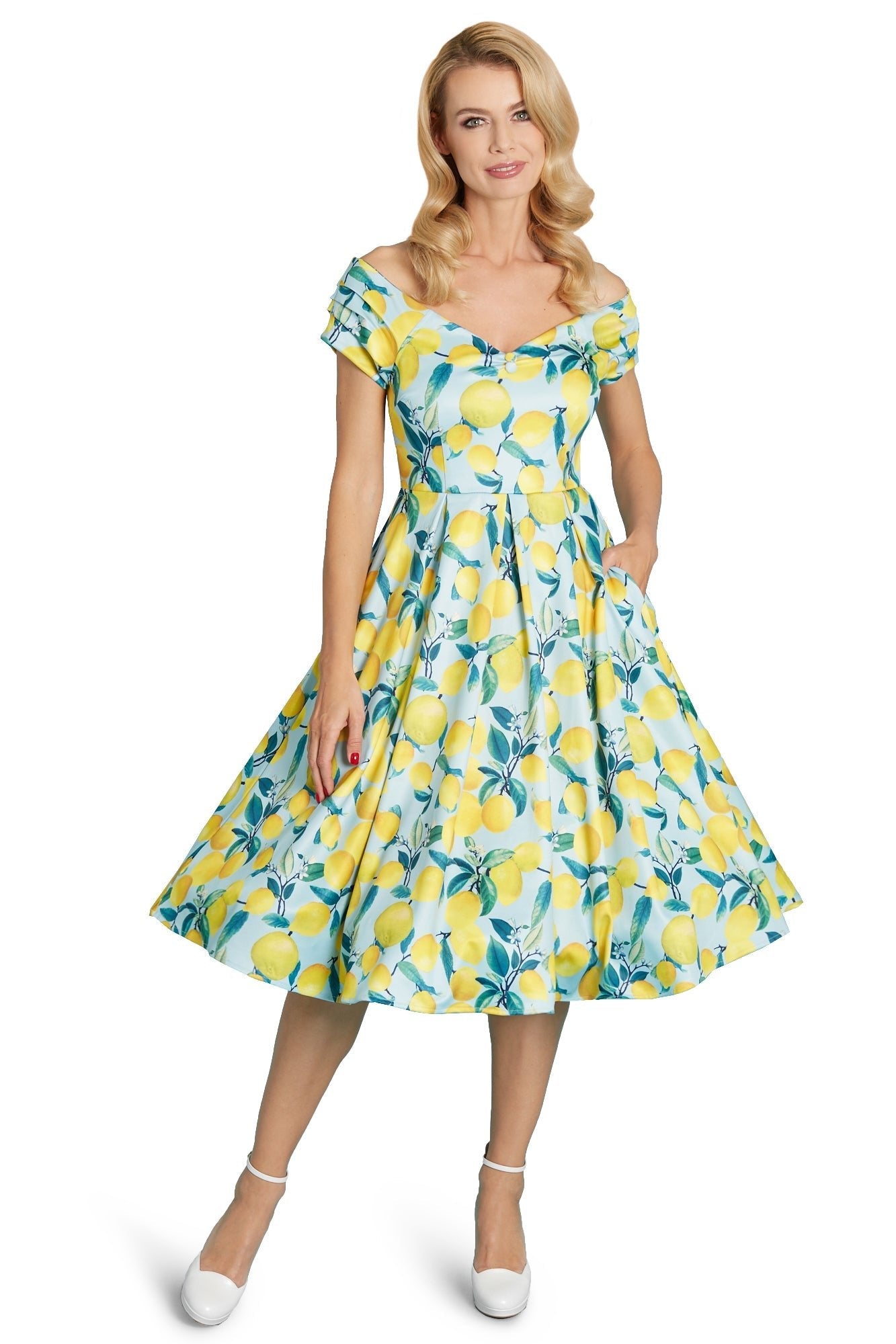 Lily Off Shoulder Blue/Yellow Lemon Dress