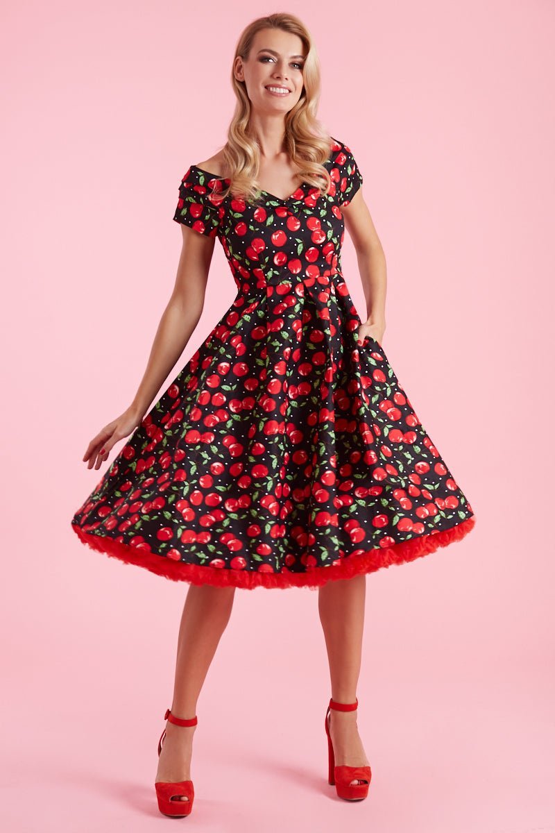 Lily Off Shoulder Cherry Swing Dress