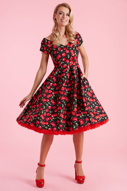 Lily Off Shoulder Cherry Swing Dress