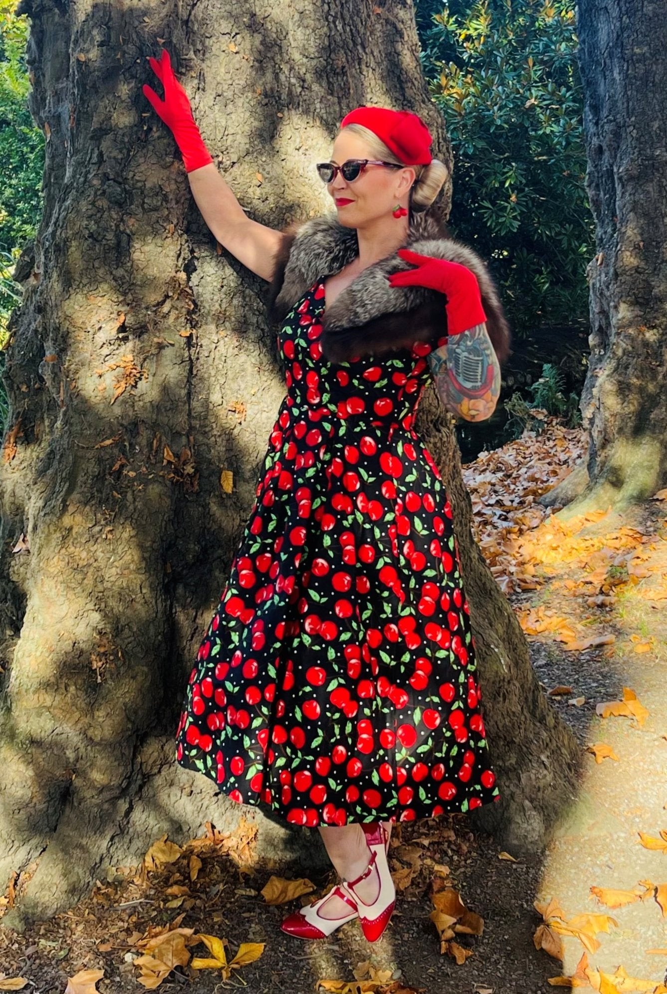 Lily Off Shoulder Cherry Swing Dress