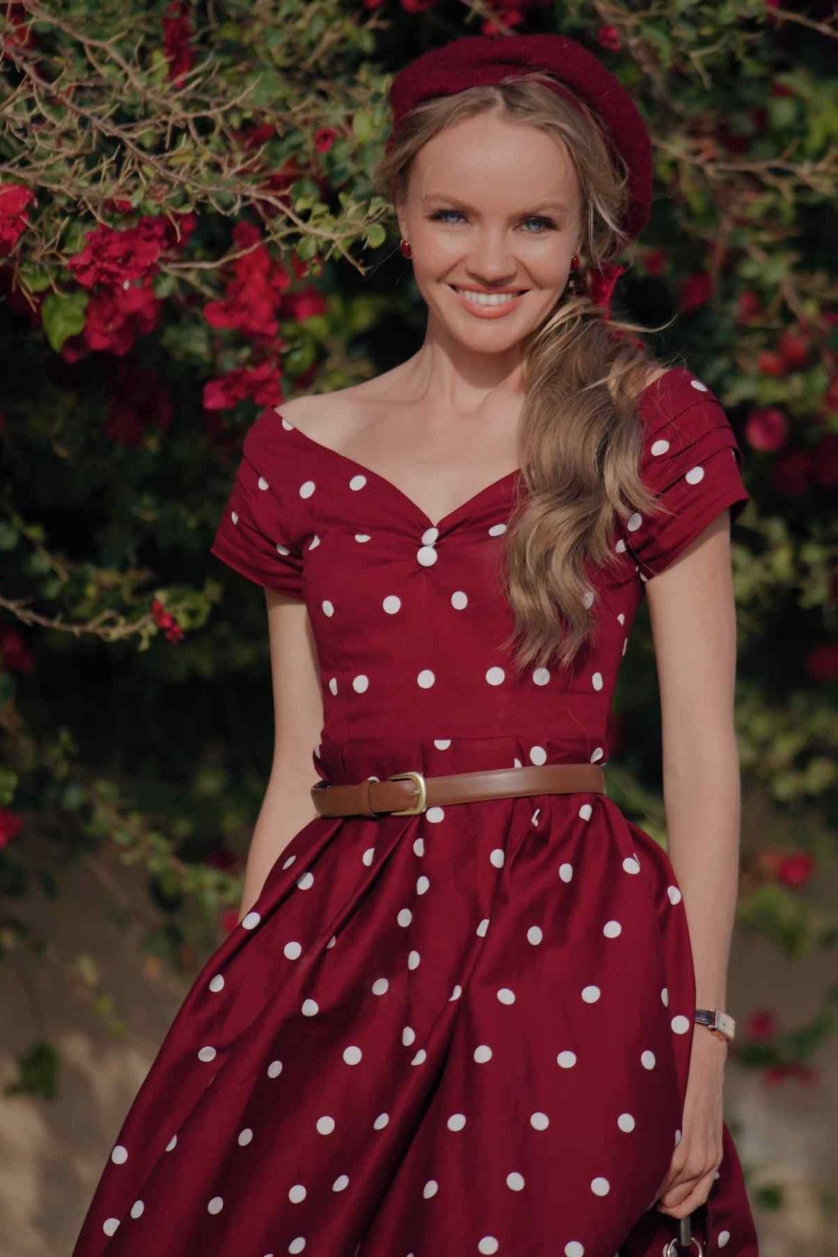 Lily Off Shoulder Polka Dot Evening Dress in Burgundy/White