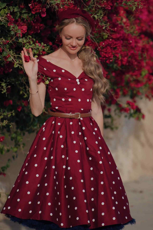 Lily Off Shoulder Polka Dot Evening Dress in Burgundy/White