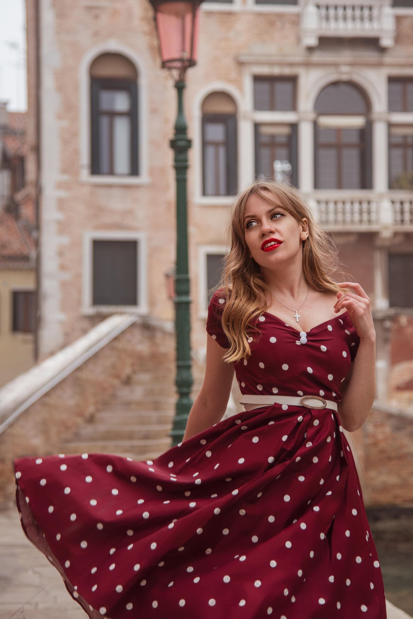 Lily Off Shoulder Polka Dot Evening Dress in Burgundy/White