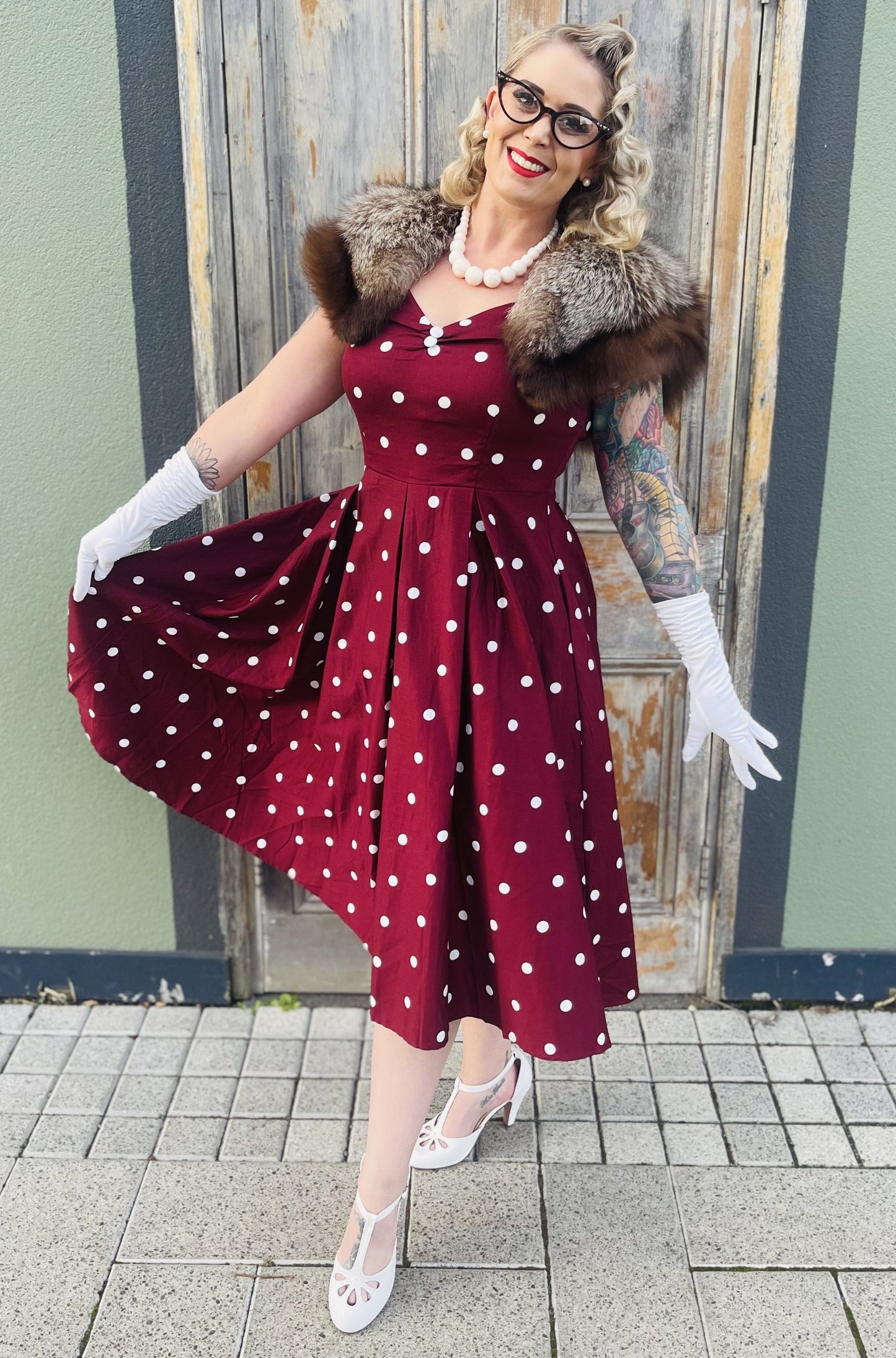 Lily Off Shoulder Polka Dot Evening Dress in Burgundy/White
