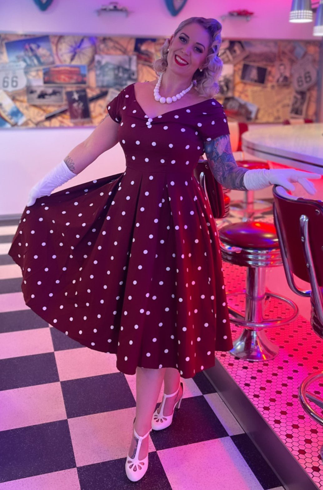 Lily Off Shoulder Polka Dot Evening Dress in Burgundy/White