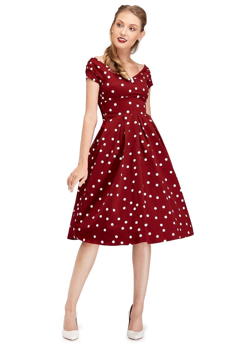Lily Off Shoulder Polka Dot Evening Dress in Burgundy/White