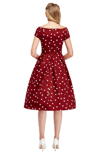 Lily Off Shoulder Polka Dot Evening Dress in Burgundy/White