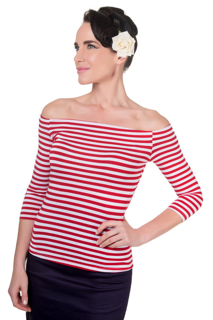 Gloria Off Shoulder Retro Striped Top in Red