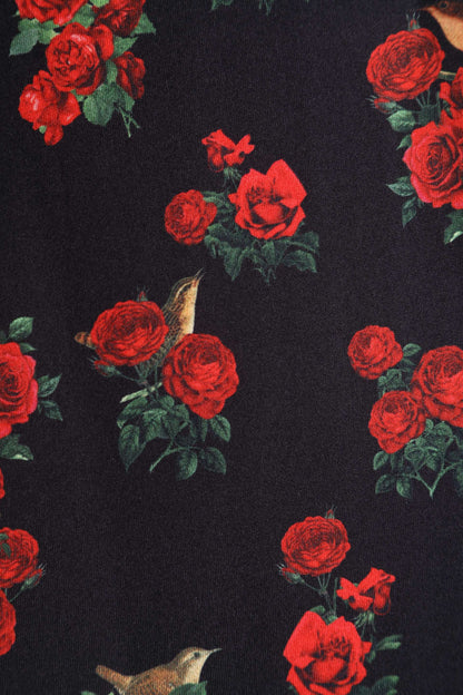 Claudia Black Cap Sleeved Dress with Red Roses & Birds