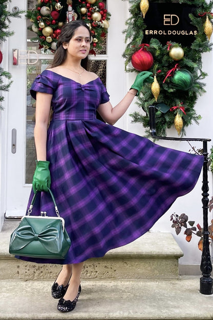 Lily Purple Tartan Check Off-Shoulder Swing Dress