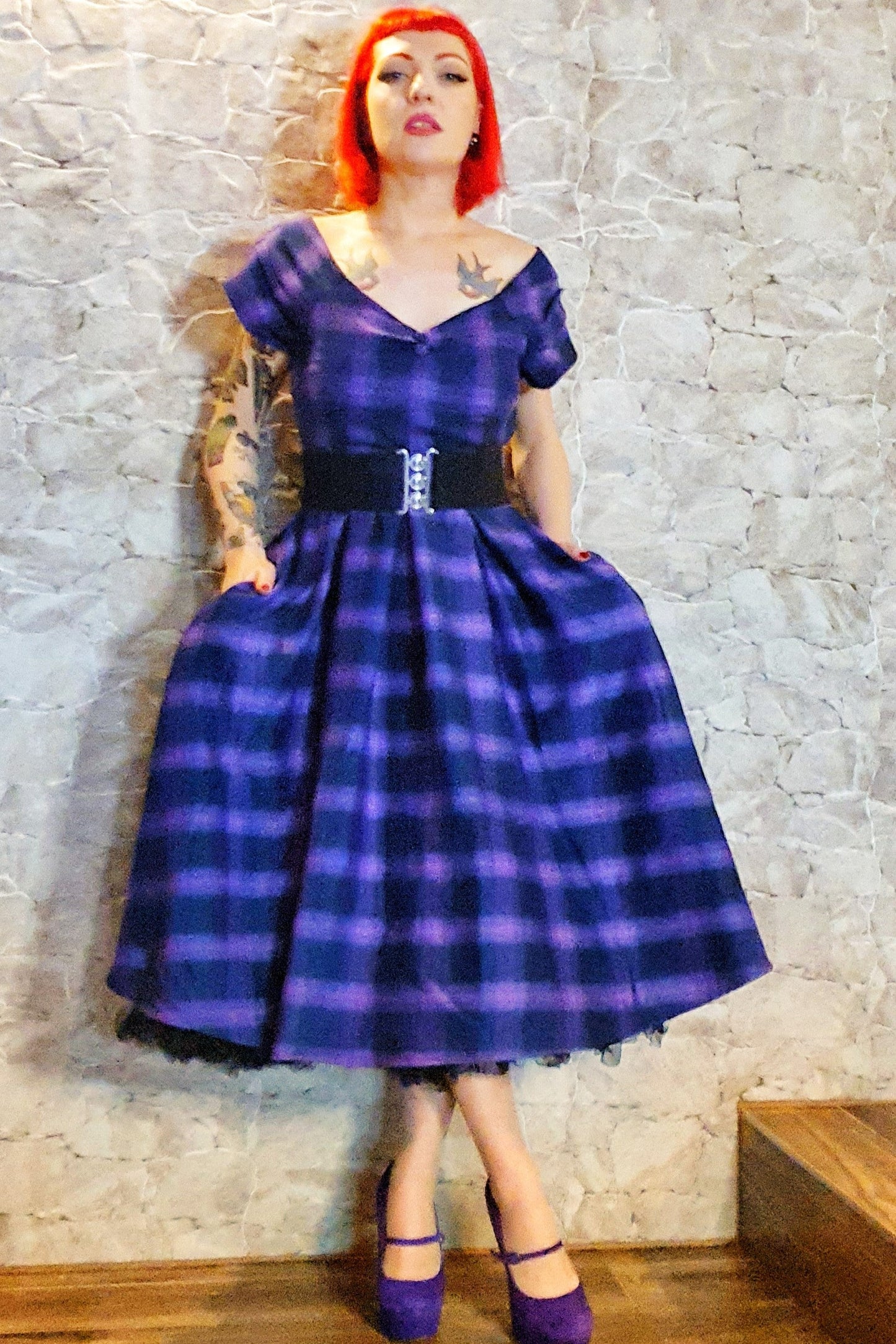 Lily Purple Tartan Check Off-Shoulder Swing Dress