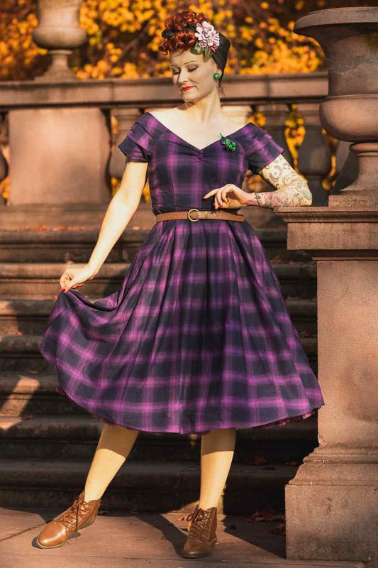 Lily Purple Tartan Check Off-Shoulder Swing Dress